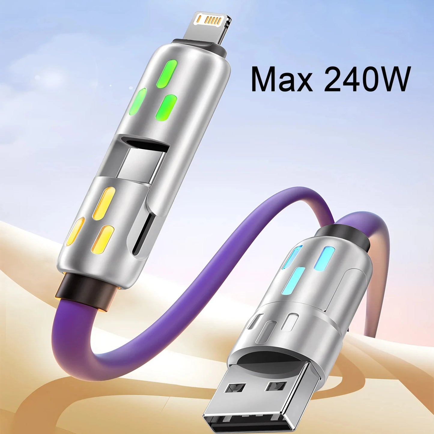 4-in-1 Rotating Elbow Charger Cable | USB to Type-C | 1.2m Silicone 240W Fast Charging & Data Transfer