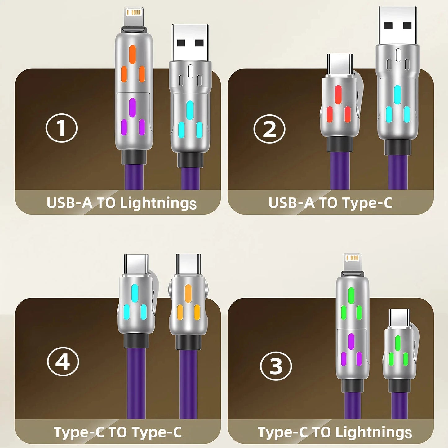 4-in-1 Rotating Elbow Charger Cable | USB to Type-C | 1.2m Silicone 240W Fast Charging & Data Transfer